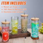 VasoArte 6 Pack Glass Tumbler Cups with Handle, 24oz Bubble Tea Cup with Bamboo Lid& Wide Straws,Reusable Mason Jars with Wide Mouth Iced Coffee Cup, Drinking Glasses for Smoothie,Bubble Tea