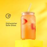 JoyJolt Fluted Glass Tumblers with Bamboo Lids and Glass Straws, Ribbed Can Shaped Drinking Glasses Set of 4, 16oz Cup with Lids and Straws, Iced Coffee Cups, Cocktail/Beer Glasses, Tea Cups