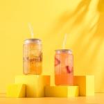 JoyJolt Fluted Glass Tumblers with Bamboo Lids and Glass Straws, Ribbed Can Shaped Drinking Glasses Set of 4, 16oz Cup with Lids and Straws, Iced Coffee Cups, Cocktail/Beer Glasses, Tea Cups