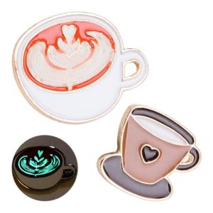ZORZA 2Pcs Luminous Coffee Cup Brooch Pin Cute Enamel Mug Lapel Pin Badge for Women Artistic Latte Pin for Dresses Bags and Hats