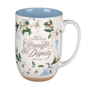 Christian Art Gifts Large Ceramic Clay Base Inspirational Coffee & Tea Scripture Mug for Women: Strength & Dignity Encouraging Bible Verse, Wide Handle Novelty Cup, White & Light Blue Floral, 15 oz.