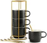 LYEOBOH Stackable Coffee Mugs Set of 4 with Rack & Spoons Coffee Mug Set 13 OZ., Ceramic Embossed Grinding Demitasse Cups Set Cappuccino Cup Halloween for Coffee, Latte, Macchiato, Espresso, Black