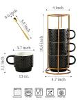 LYEOBOH Stackable Coffee Mugs Set of 4 with Rack & Spoons Coffee Mug Set 13 OZ., Ceramic Embossed Grinding Demitasse Cups Set Cappuccino Cup Halloween for Coffee, Latte, Macchiato, Espresso, Black