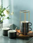 LYEOBOH Stackable Coffee Mugs Set of 4 with Rack & Spoons Coffee Mug Set 13 OZ., Ceramic Embossed Grinding Demitasse Cups Set Cappuccino Cup Halloween for Coffee, Latte, Macchiato, Espresso, Black