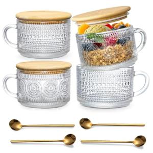 DOPUDO 4pcs Vintage Glass Coffee Mugs Cups, Overnight Oats Containers Glass Cups Mugs with Bamboo Lids and Spoons - 14oz Clear Embossed Glass Cups, Cute Iced Coffee Glasses Gifts for women