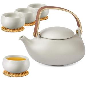ZENS Vintage Japanese Tea Set, 27oz Ceramic Japanese Teapot with Infuser, Wood Handle Matte Gray Teapot with Strainers and 4 Cups for Tea Party, Women's Gift
