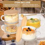 DOPUDO 4pcs Vintage Glass Coffee Mugs Cups, Overnight Oats Containers Glass Cups Mugs with Bamboo Lids and Spoons - 14oz Clear Embossed Glass Cups, Cute Iced Coffee Glasses Gifts for women