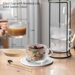 DOPUDO 4pcs Vintage Glass Coffee Mugs Cups, Overnight Oats Containers Glass Cups Mugs with Bamboo Lids and Spoons - 14oz Clear Embossed Glass Cups, Cute Iced Coffee Glasses Gifts for women
