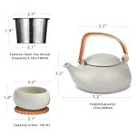 ZENS Vintage Japanese Tea Set, 27oz Ceramic Japanese Teapot with Infuser, Wood Handle Matte Gray Teapot with Strainers and 4 Cups for Tea Party, Women's Gift