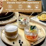 DOPUDO 4pcs Vintage Glass Coffee Mugs Cups, Overnight Oats Containers Glass Cups Mugs with Bamboo Lids and Spoons - 14oz Clear Embossed Glass Cups, Cute Iced Coffee Glasses Gifts for women