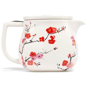 Tea Forte Fiore Sakura Cherry Blossom Ceramic Teapot with Removable Stainless Steel Infuser Basket and Lid, Steeps 24 oz. Loose Leaf Tea, Lid and Teapot Dishwasher & Microwave Safe