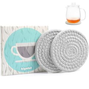 4.8" Cotton Drink Coasters Set of 2– Absorbent Fabric Mug Pads for Coffee, Tea & Drinks, Minimalist Desk & Nightstand Cup Mats, Durable Neutral Drink Coasters for Home, Office or Gift Use (Cloud Grey)