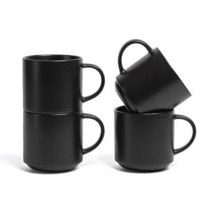 over&back Stackable Stoneware Coffee Mugs - 4-Piece Mug Set - Enjoy the Perfect Cup of Coffee, Tea, Latte, and More - Semi-Matte Black- 14oz