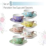 BTaT- Floral Tea Cups and Saucers Set of 6 (7 oz), Porcelain Tea Cups Set of 6, Pastel Bloom Design with Gold Trim, Dishwasher & Freezer Safe