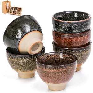 Eorbow 6 Pack 2oz Ceramic Tea Sake Cups, Handcrafted Chinese Kungfu Tea Cup, Japanese Sake Cup Set, Small Tea Cup for Soju Shot, Matcha, Saki, Asian Tea Accessories, 6 Colors