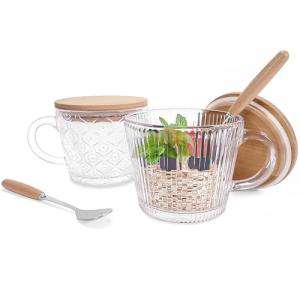 Vintage 14oz Coffee mugs Gifts for women 2-Piece Set,with Bamboo Lid and Wooden Handle Spoon,Leak-proof Overnight oat containers,Clear Iced Coffee Glass Cups,Cute Coffee Bar Accessory,Glassware Set
