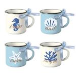 Paayna Blue Beach Mini Coffee Mug Set of 4, Coastal Sea Horse Starfish Shell Coral 5 oz Mini Coffee Cups Tiered Tray Decor, Inspirational Marine Animal Kitchen Coffee Bar Decorations Housewarming Gift