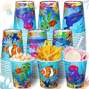 Whaline 60 Pcs Summer Ocean Disposable Paper Cups 9oz Marine Animal Coffee Tea Cups Under the Sea Beverage Drinking Cup Disposable Bathroom Cups for Summer Birthday Ocean Party Supplies