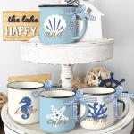 Paayna Blue Beach Mini Coffee Mug Set of 4, Coastal Sea Horse Starfish Shell Coral 5 oz Mini Coffee Cups Tiered Tray Decor, Inspirational Marine Animal Kitchen Coffee Bar Decorations Housewarming Gift