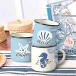 Paayna Blue Beach Mini Coffee Mug Set of 4, Coastal Sea Horse Starfish Shell Coral 5 oz Mini Coffee Cups Tiered Tray Decor, Inspirational Marine Animal Kitchen Coffee Bar Decorations Housewarming Gift