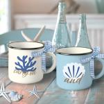 Paayna Blue Beach Mini Coffee Mug Set of 4, Coastal Sea Horse Starfish Shell Coral 5 oz Mini Coffee Cups Tiered Tray Decor, Inspirational Marine Animal Kitchen Coffee Bar Decorations Housewarming Gift