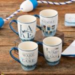 Wake at the Lake 14-Ounce JUMBO Mugs, Set of 4, Lakeside-Inspired Designs with Oars & Water Scenes, Durable Ceramic, Dishwasher & Microwave Safe, Cozy Coffee & Tea Cups for Everyday Use