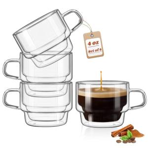 glastal 4 oz Stackable Glass Cups Espresso Cups Double Walled Espresso Glasses Set of 4, 120ml Coffee Tea Glasses Expresso Shots Cup Set for Tea, Milk, Gifts for Women Man - German Quality