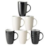 AmorArc Large Coffee Mugs Set of 6, 20oz Ceramic Tall Coffee Mugs Set with Textured Geometric Patterns for Coffee/Tea/Beer/Hot Cocoa, Dishwasher & Microwave Safe, Black&Beige