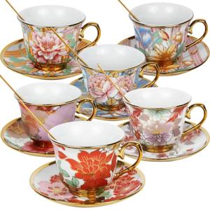 Tea Cups and Saucers Set of 6, 8 OZ Ceramic Tea Cups with Saucers Vintage Floral Tea Cup Set for Cappuccino, Macchiato, Afternoon Tea Birthday Party Supply Thanksgiving Day Halloween gifts