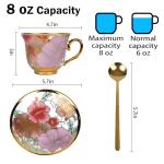 Tea Cups and Saucers Set of 6, 8 OZ Ceramic Tea Cups with Saucers Vintage Floral Tea Cup Set for Cappuccino, Macchiato, Afternoon Tea Birthday Party Supply Thanksgiving Day Halloween gifts