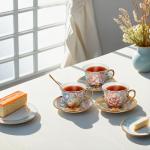 Tea Cups and Saucers Set of 6, 8 OZ Ceramic Tea Cups with Saucers Vintage Floral Tea Cup Set for Cappuccino, Macchiato, Afternoon Tea Birthday Party Supply Thanksgiving Day Halloween gifts