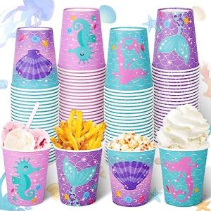 Whaline 100 Pcs Mermaid Paper Cups 9 oz Marine Animal Paper Cups Summer Ocean Coffee Tea Cups Disposable Drinking Cups Small Snack Cups for Mermaid Ocean Party Underwater Birthday Supplies