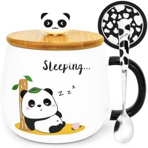 Arawat Cute Panda Coffe Mugs Gift with Lid & Spoon Panda Print Stuff Kitchen Decor 400ml Kawaii Ceramic Tea Coffee Cup 3D Animal Mug Birthday Gifts for Women Men Girls Pandas Lovers
