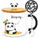 Arawat Cute Panda Coffe Mugs Gift with Lid & Spoon Panda Print Stuff Kitchen Decor 400ml Kawaii Ceramic Tea Coffee Cup 3D Animal Mug Birthday Gifts for Women Men Girls Pandas Lovers
