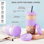 Amyoole 2 Pack Reusable Boba Cup,24Oz Wide Mouth Smoothie Cup,mason Jar Glass Cups with Lids and Straws,Bubble/Boba Tea Cups,Ice Coffee Tumbler 2 colored straws 1 sponge brush(Purple)