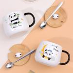 Arawat Cute Panda Coffe Mugs Gift with Lid & Spoon Panda Print Stuff Kitchen Decor 400ml Kawaii Ceramic Tea Coffee Cup 3D Animal Mug Birthday Gifts for Women Men Girls Pandas Lovers