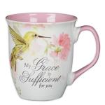 Christian Art Gifts Large Ceramic Inspirational Scripture Coffee & Tea Mug for Women: Grace is Sufficient Silver Bible Verse, Cute Lime Green Hummingbird Novelty Drinkware, White/Pink Floral, 14 oz.