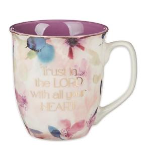 Christian Art Gifts Large Ceramic Inspirational Scripture Coffee & Tea Mug for Women: Trust in the Lord Golden Bible Verse, Non-toxic Lead/Cadmium-Free Cup, White & Purple Watercolor Floral, 14 oz.