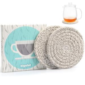 Large 4.8" Cotton Coasters for Drinks Set of 2, Oversized Absorbent Brown Fabric Cup Mats for Coffee Mugs, Boho Desk & Nightstand Drink Pads, Durable Minimalist Coasters for Home Décor(Caffè no)