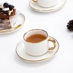 Agyiuns Tea Cups and Saucers with Gold Trim, 6.76 Ounce White Porcelain Tea Set & Coffee Cups for Latte, Cafe Mocha, Tea-Set of 4,Porcelain Mugs for Kitchen or Cafe(white and gold)