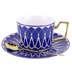Philo Fun Bone China Elegant Tea Cup Saucer Set with Spoon, 7.5oz Blue Matte Glazed Coffee Cup Set, Palace Geometric Line, Birthday Holiday Gift Exchange