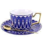 Philo Fun Bone China Elegant Tea Cup Saucer Set with Spoon, 7.5oz Blue Matte Glazed Coffee Cup Set, Palace Geometric Line, Birthday Holiday Gift Exchange
