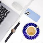 Philo Fun Bone China Elegant Tea Cup Saucer Set with Spoon, 7.5oz Blue Matte Glazed Coffee Cup Set, Palace Geometric Line, Birthday Holiday Gift Exchange