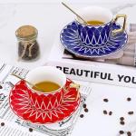 Philo Fun Bone China Elegant Tea Cup Saucer Set with Spoon, 7.5oz Blue Matte Glazed Coffee Cup Set, Palace Geometric Line, Birthday Holiday Gift Exchange