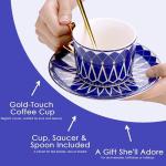 Philo Fun Bone China Elegant Tea Cup Saucer Set with Spoon, 7.5oz Blue Matte Glazed Coffee Cup Set, Palace Geometric Line, Birthday Holiday Gift Exchange
