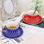 Philo Fun Bone China Elegant Tea Cup Saucer Set with Spoon, 7.5oz Blue Matte Glazed Coffee Cup Set, Palace Geometric Line, Birthday Holiday Gift Exchange