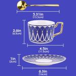 Philo Fun Bone China Elegant Tea Cup Saucer Set with Spoon, 7.5oz Blue Matte Glazed Coffee Cup Set, Palace Geometric Line, Birthday Holiday Gift Exchange