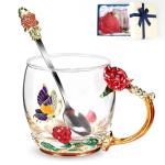 Flower Tea Cup ,Butterfly Rose Clear Glass Fancy Coffee Mug with Spoon,Gift Box for Her Mom Wife Grandma Girls Friends Valentines Christmas Birthday Present Idea for Juice,Hot And Cold Drinks Use