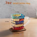 WACOI Small Glass Coffee Mugs, 7oz Espresso Cappuccino Latte Tea Cups with Handle, Painted Book Coffee Cup for Readers, Bookworm, Ideal Gift for Christmas, Birthday