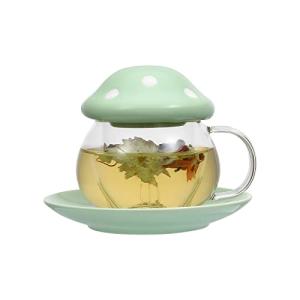 Digoon Mushroom Cup Glass Tea Cup with Lid Tray Strainer Filter Infuser for Loose Leaf Tea Cute Tea Mug in Color Printing Gift Box 11oz (Green)